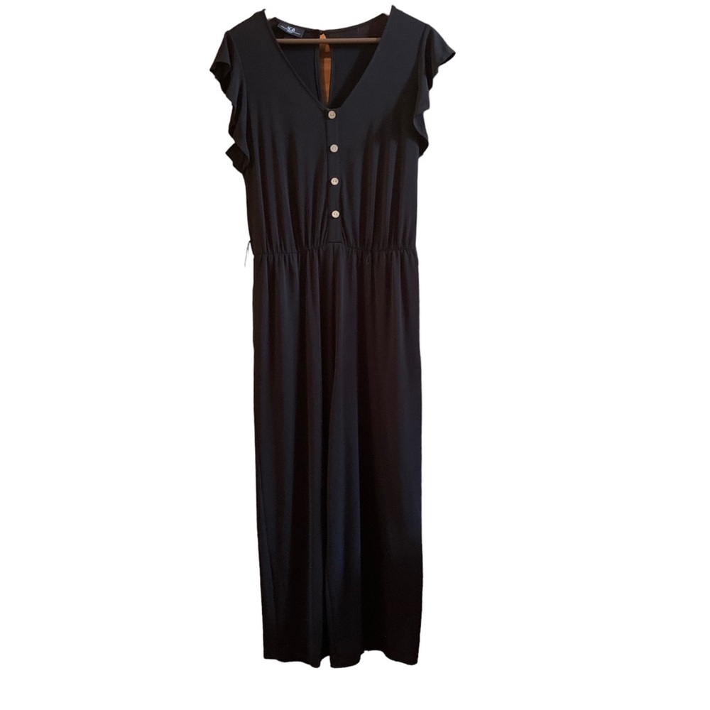 AGB Black Jumpsuit (Medium) V-Neck Flutter Sleeves Cropped Wide Leg